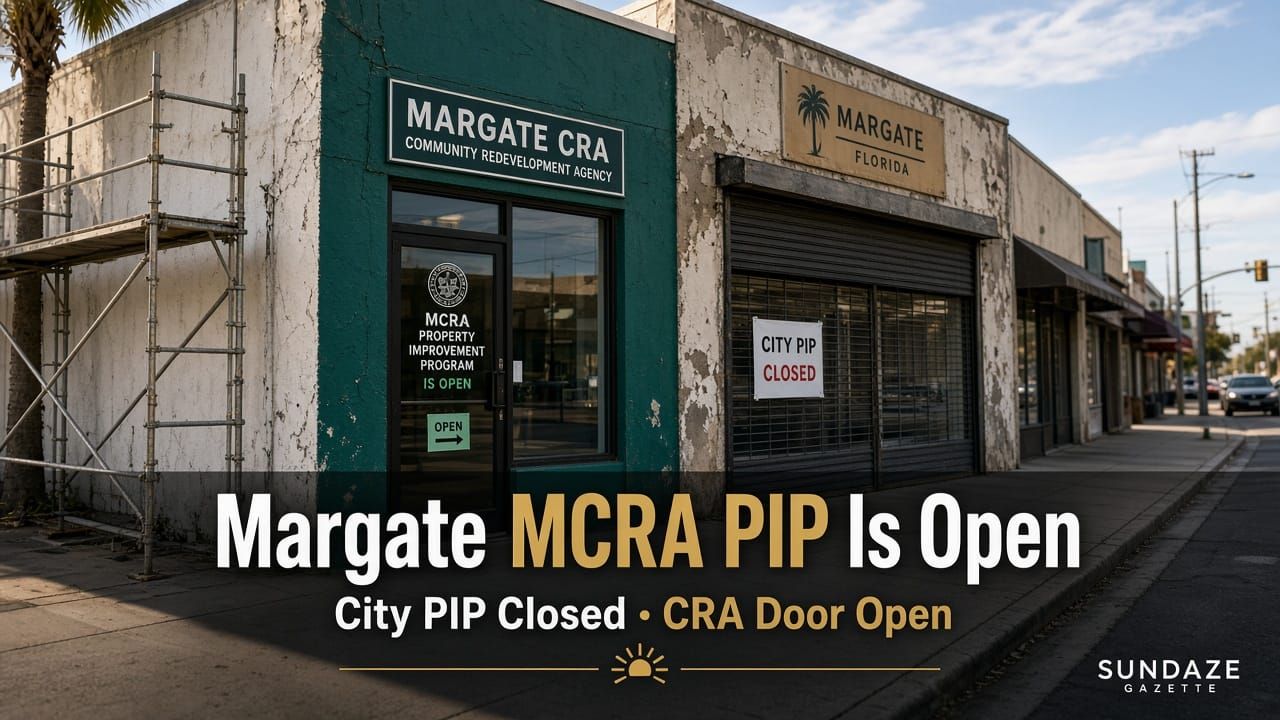 Margate CRA commercial corridor storefront with designed title Margate MCRA PIP Is Open