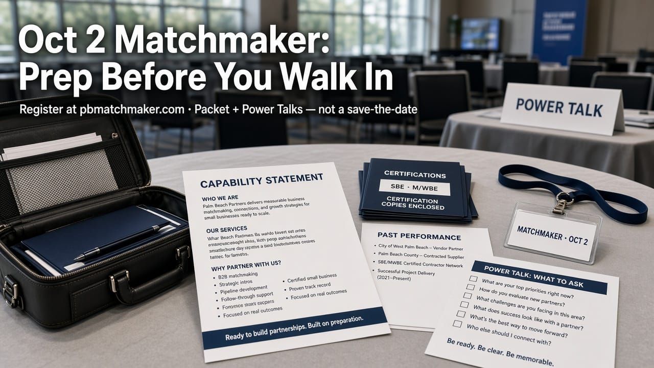 Convention-center table with an open briefcase, capability statement, SBE/M/WBE certification folders, past-performance list, Power Talk ask checklist, and an Oct 2 Matchmaker badge; headline