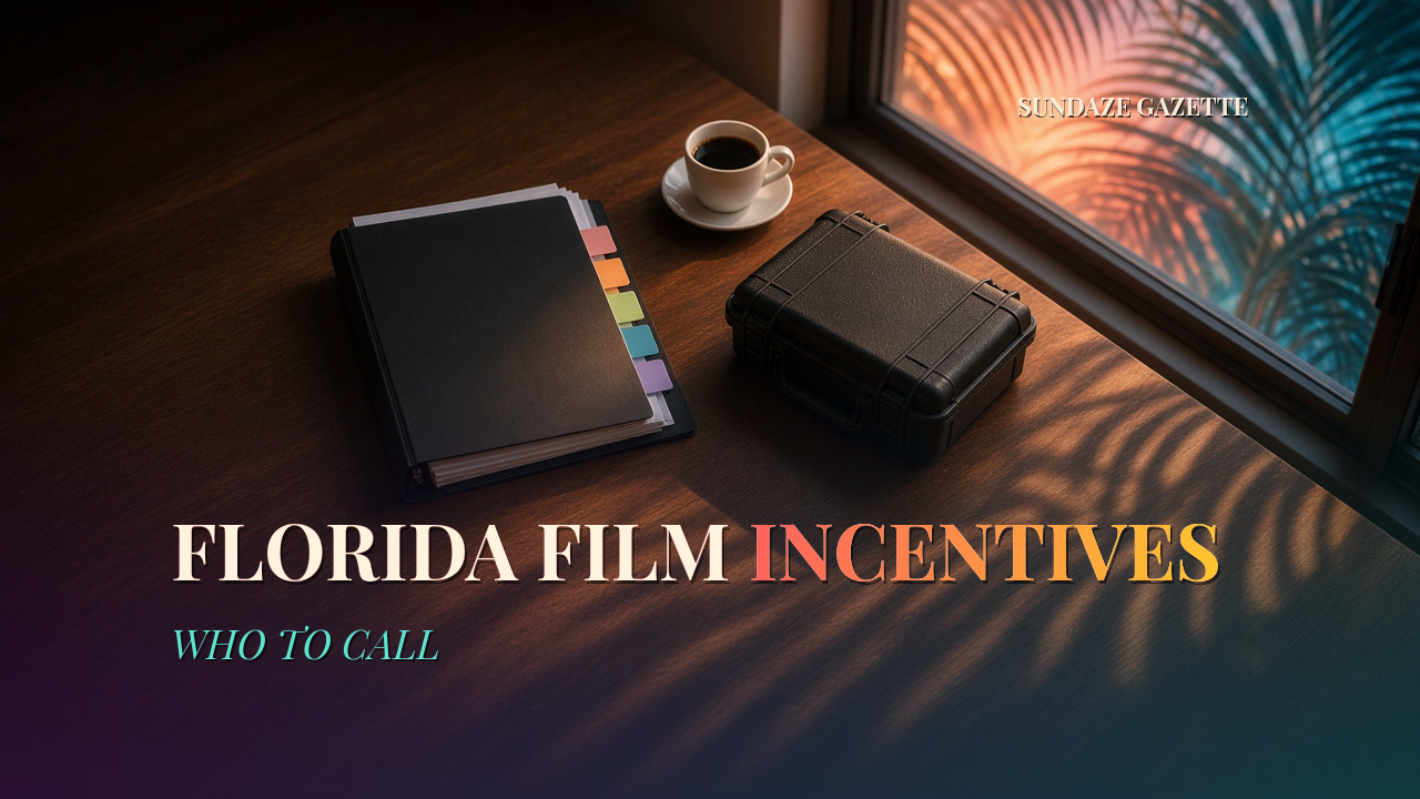Producer's desk with a tabbed binder and camera case by a palm-lit window, titled Florida Film Incentives: Who to Call, with a Sundaze Gazette watermark.
