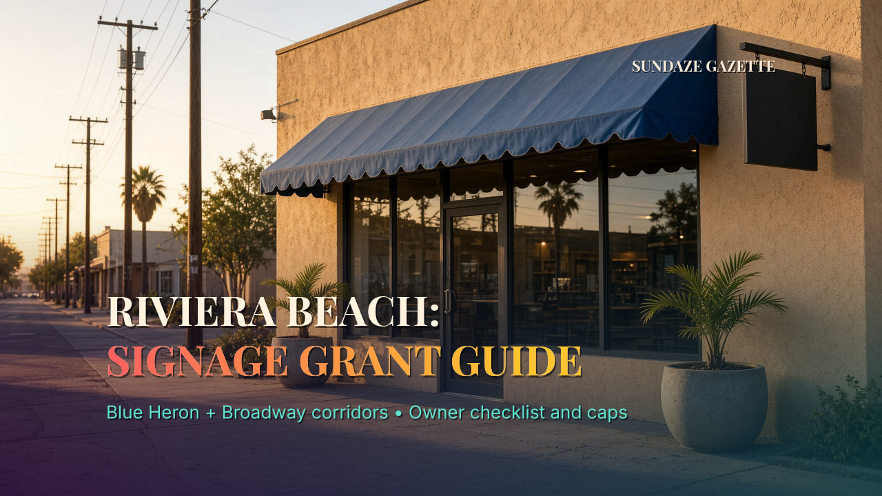 Riviera Beach commercial corridor storefront with a mounted business sign under the headline Signage Grant Guide and the text Blue Heron and Broadway corridors
