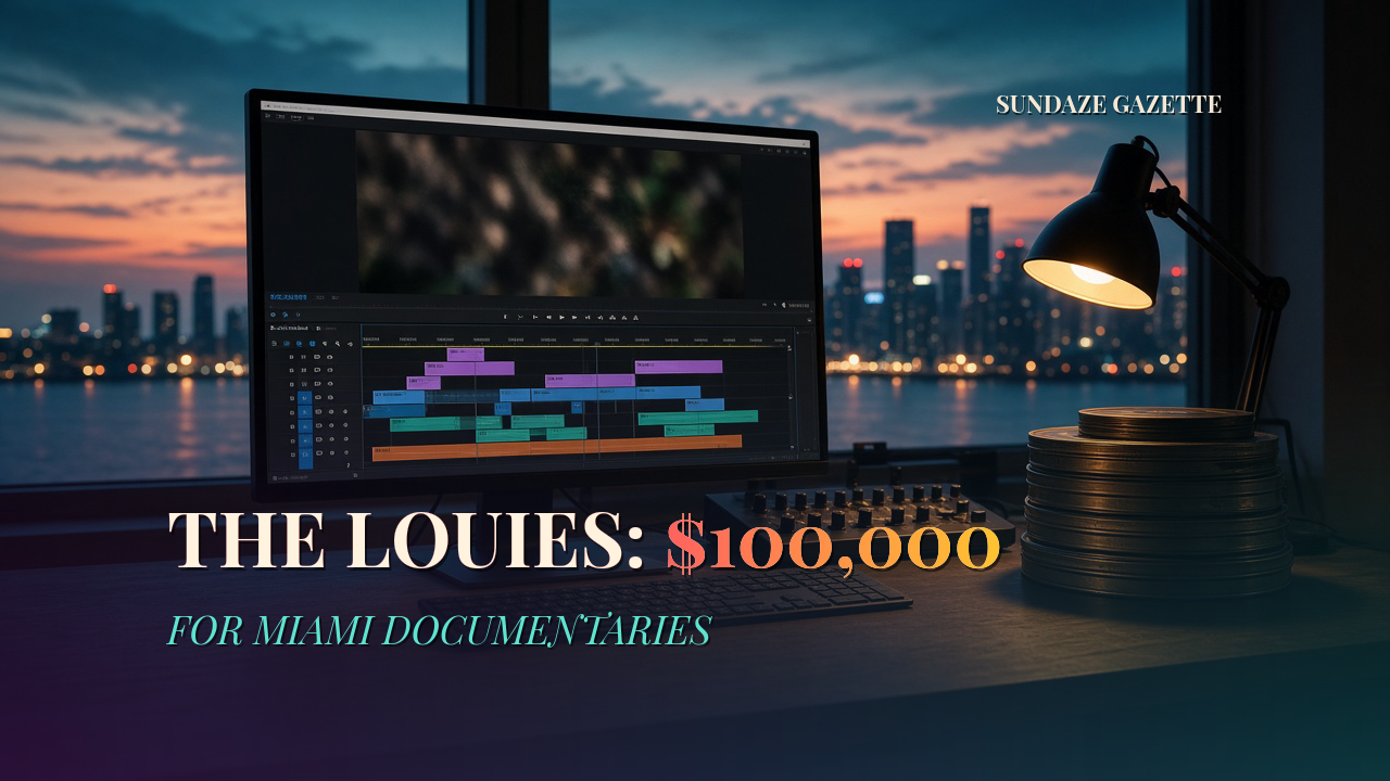 Documentary editing desk with film reels and a monitor in front of a Miami skyline at dusk, titled The Louies: $100,000 for Miami Documentaries, with a Sundaze Gazette watermark.