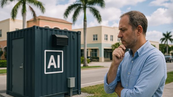 A man looks thoughtfully at a blue AI micro-datacenter container on a street in Homestead, South Florida.