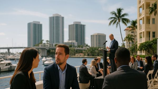 Attendees listen to a speaker at a South Florida real estate conference along the Miami waterfront.