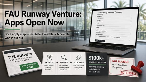 Boca founder desk with a Runway Venture packet stamped Applications Open Now, Incubate-Validate-Accelerate ladder cards, a $100k+ resources and services card noting not a cash wire, and a Not