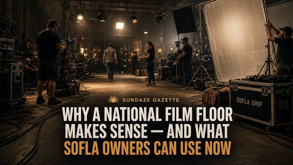Working South Florida soundstage crew under warm lights — titled Why a National Film Floor Makes Sense and What SoFla Owners Can Use Now