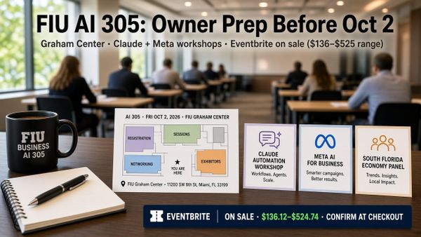 Owner prep desk for FIU AI 305 on Fri Oct 2 2026 at the Graham Center, with Claude and Meta workshop cards, a South Florida economy panel card, and an Eventbrite on-sale strip showing the $13