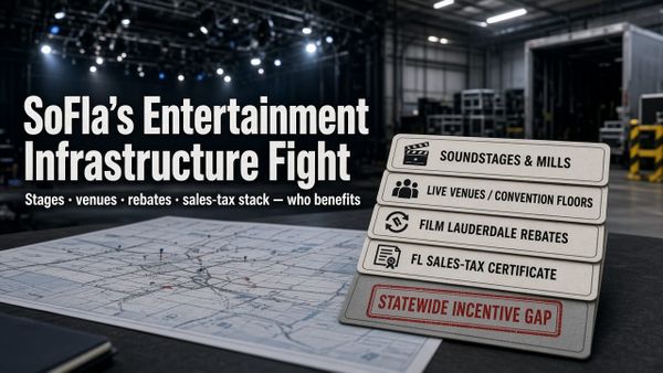 SoFla entertainment infrastructure fight — stages, venues, rebates, sales-tax stack