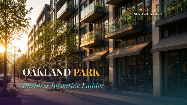 Modern mixed-use storefronts on a downtown Oakland Park corridor at golden hour, titled Oakland Park Business Incentive Ladder, with a Sundaze Gazette watermark