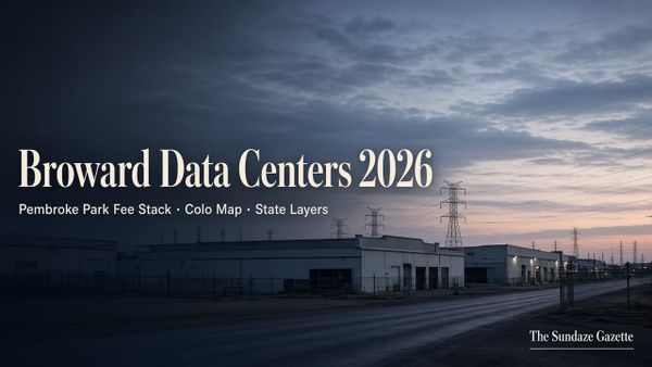 Blue-hour Broward industrial corridor with transmission towers and warehouse roofs; designed title Broward Data Centers 2026 and deck Pembroke Park Fee Stack · Colo Map · State Layers; Sundaz