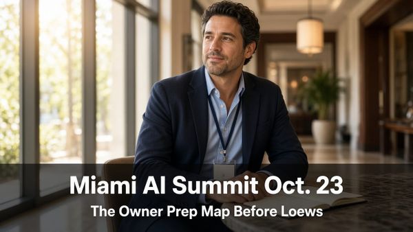 Operator at Loews Coral Gables summit-day setting with notebook and badge; titled Miami AI Summit Oct. 23 — owner prep map before Loews.