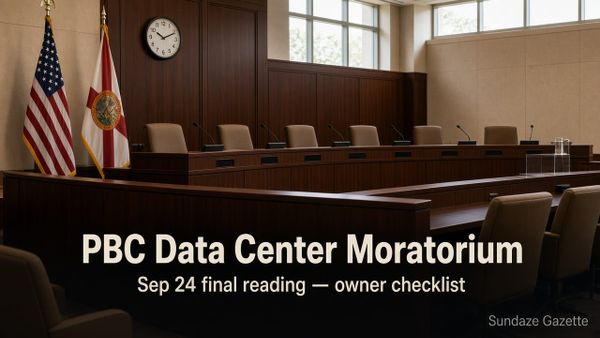 Empty Palm Beach County BCC chambers dais with flags and wall clock; titled PBC Data Center Moratorium — Sep 24 final reading owner checklist; Sundaze Gazette watermark.