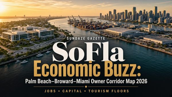 Wide aerial sunset South Florida corridor — Palm Beach County campus/HQ band, Broward port, Miami skyline — with designed title SoFla Economic Buzz: Palm Beach–Broward–Miami Owner Corridor Ma