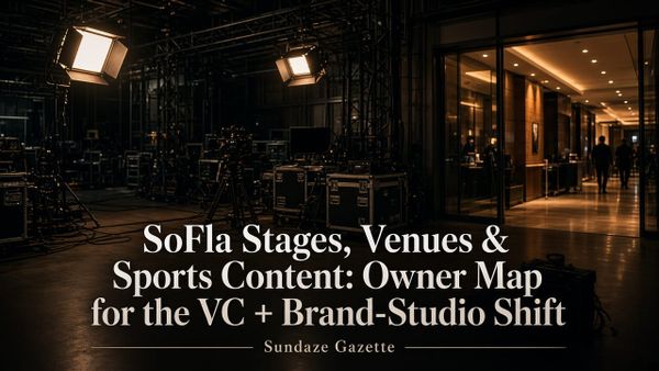 South Florida production floor / venue load-in with hospitality adjacency — titled SoFla Stages, Venues & Sports Content owner map