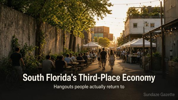 Golden-hour Flagler/Progresso corridor market with picnic tables and container silhouettes; titled South Florida’s Third-Place Economy — hangouts people return to; Sundaze Gazette watermark.