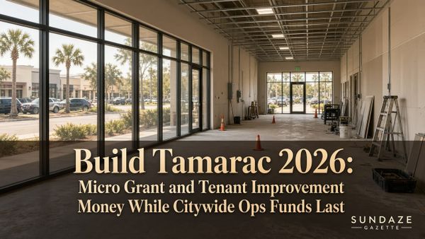 Mid-buildout Tamarac commercial storefront with Florida daylight and designed title Build Tamarac 2026 Micro Grant and Tenant Improvement