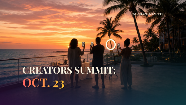 Oceanfront Miami Beach hotel terrace with a product sampling table and ring light, titled Creators Summit: Oct. 23, with a Sundaze Gazette watermark.