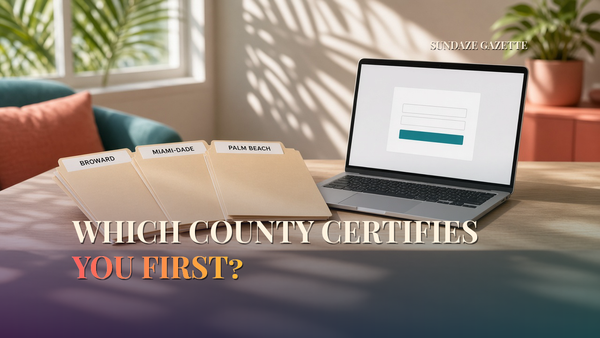 Three labeled document folders fanned beside a laptop showing a portal login screen, with the title Which County Certifies You First? across the image