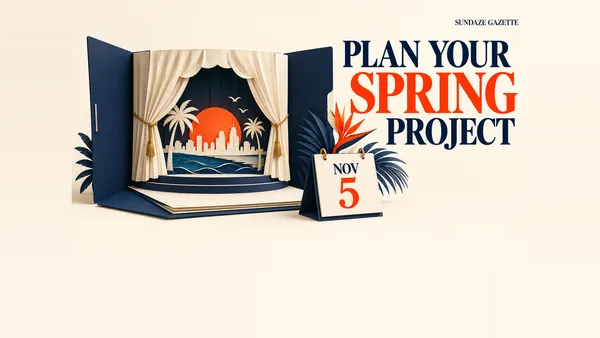 Illustration of a theatrical stage emerging from an open grant application folder beside a November 5 calendar card.