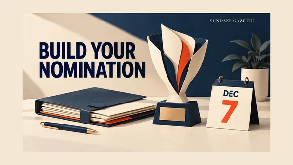 Illustration of a paper trophy beside an application folder and a December 7 calendar card with the words Build Your Nomination.