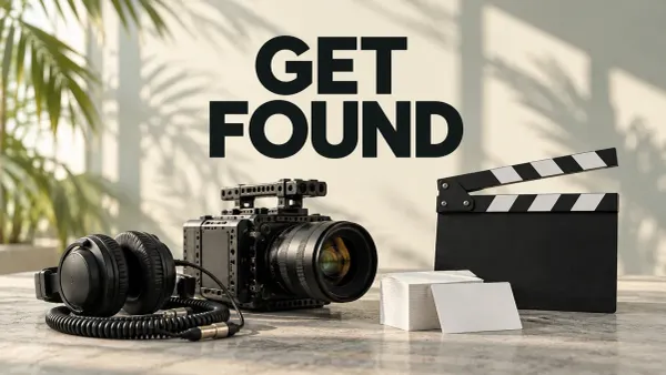Cinema camera, headphones, blank clapperboard and business cards beneath Get Found lettering