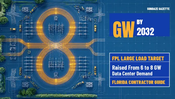 Illustration of a cobalt and amber aerial blueprint of a substation grid whose power lines form 8 GW by 2032, with small trucks and a Florida contractor guide title block