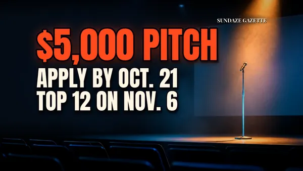 Spotlit empty stage with a microphone stand, a dim screen and rows of empty seats, titled $5,000 Pitch, Apply by Oct. 21, Top 12 on Nov. 6