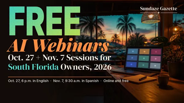 Illustration of a shop counter at dusk with a laptop showing a blurred video call and palms outside, titled Free AI Webinars, Oct. 27 and Nov. 7 Sessions for South Florida Owners
