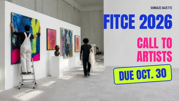Illustration of two Broward artists seen from behind hanging bold abstract paintings in a bright expo hall, with FITCE 2026 Call to Artists, due Oct. 30, in cobalt, pink and lime
