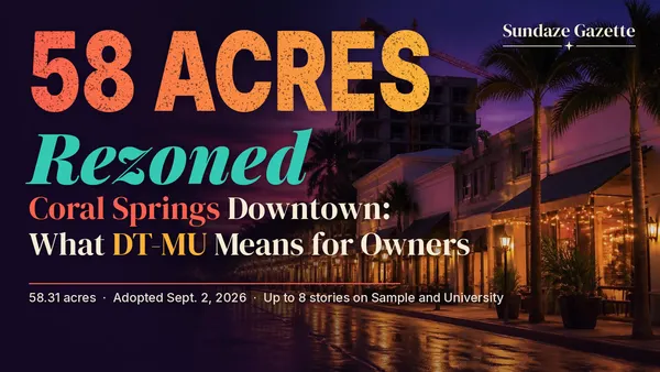 Illustration of a dusk downtown storefront street in Coral Springs with a crane behind, under the words 58 Acres Rezoned and what DT-MU means for owners