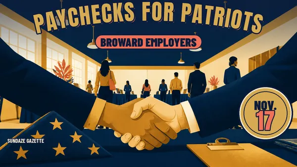 Illustration of a handshake across a job fair table in a bright hall, titled Paychecks for Patriots, Broward Employers, Nov. 17, in navy, brass and coral