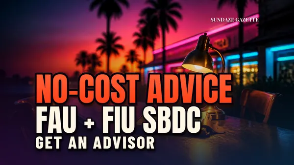 Warm brass lamp on a shop counter at dusk with an empty chair and neon storefronts, headline NO-COST ADVICE, FAU + FIU SBDC, GET AN ADVISOR