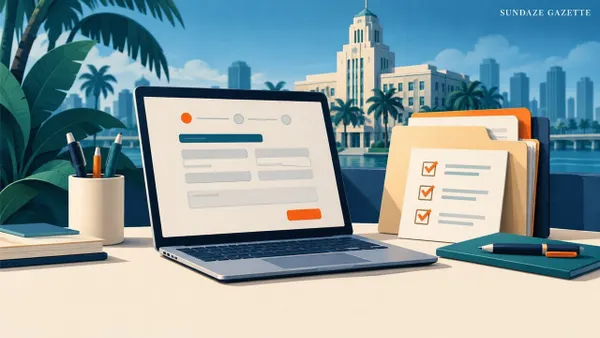 Illustration of a laptop showing a blank registration form beside folders with a checked list, with a civic building and palm trees behind.
