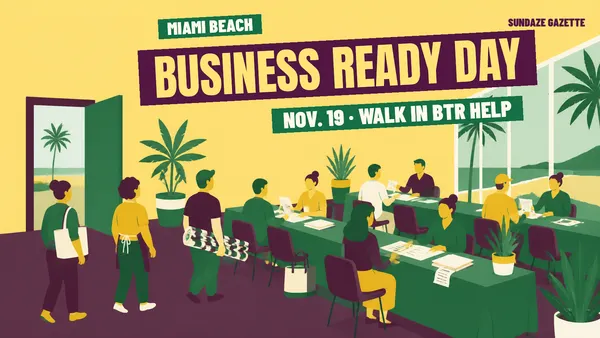 Illustration of Miami Beach owners walking in for BTR help at long tables, titled Business Ready Day, Nov. 19 · Walk In BTR Help, in yellow, emerald and plum