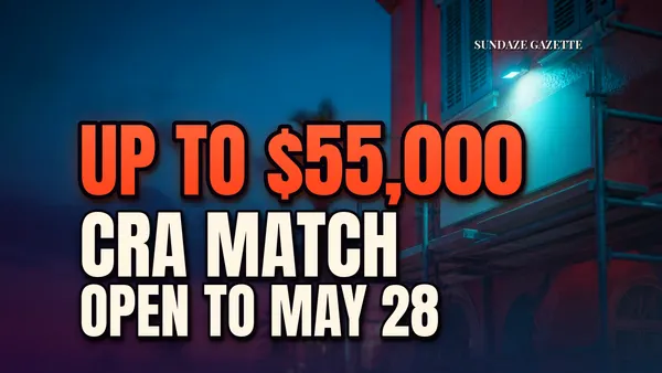 Storefront at dusk with scaffolding and a lit blank sign panel, headline UP TO $55,000, CRA MATCH, OPEN TO MAY 28