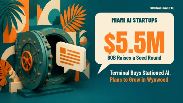Illustration in teal and tangerine of an open vintage vault by a mural wall, a chat bubble invoice floating out, and a speech bubble reading Miami AI Startups 5.5M
