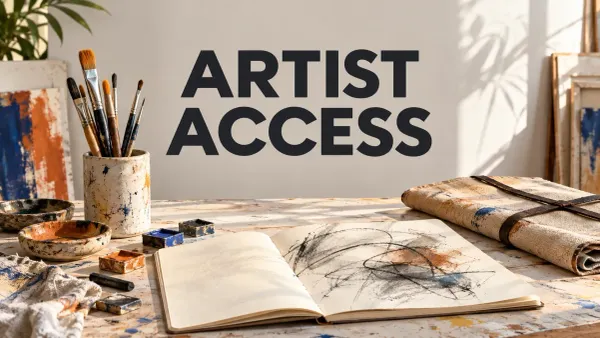 Illustrated sunlit artist workspace with sketchbook, brushes, paint palettes and rolled canvas beneath the words Artist Access