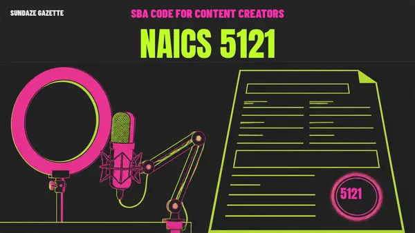 Illustration of a magenta ring light and podcast mic beside a lime loan form stamped 5121 on charcoal, titled SBA code for content creators NAICS 5121