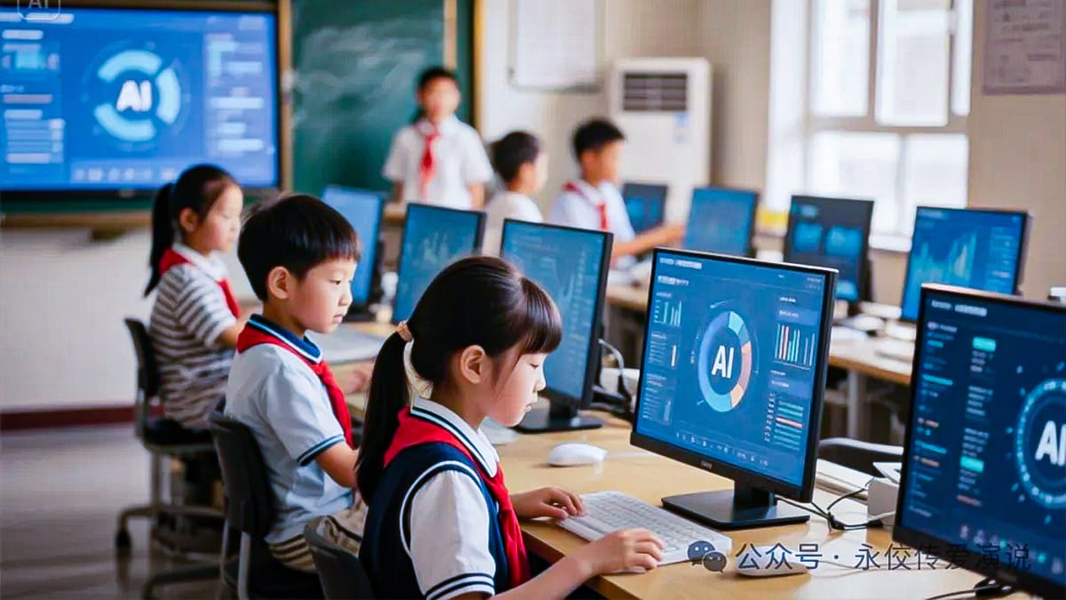 Young learners using desktop computers displaying artificial intelligence interfaces and data visualization charts.