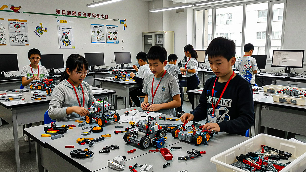 Students assembling robotics kits with AI support in school