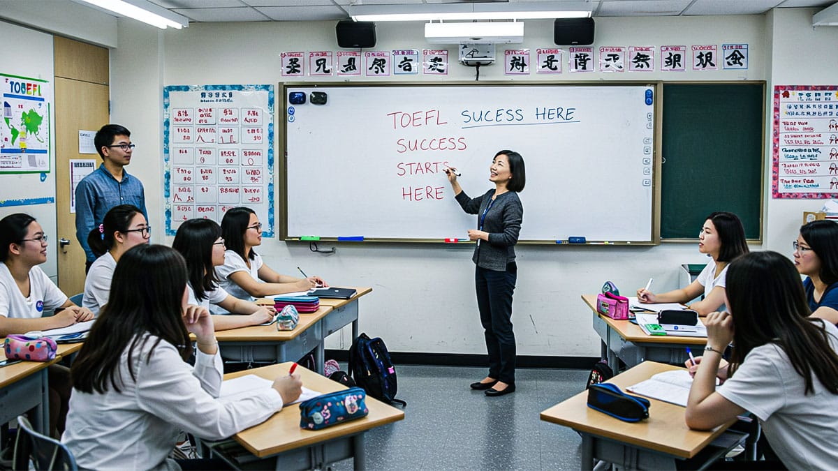 Asian teacher demonstrates TOEFL success strategies on a whiteboard while students listen attentively in class.