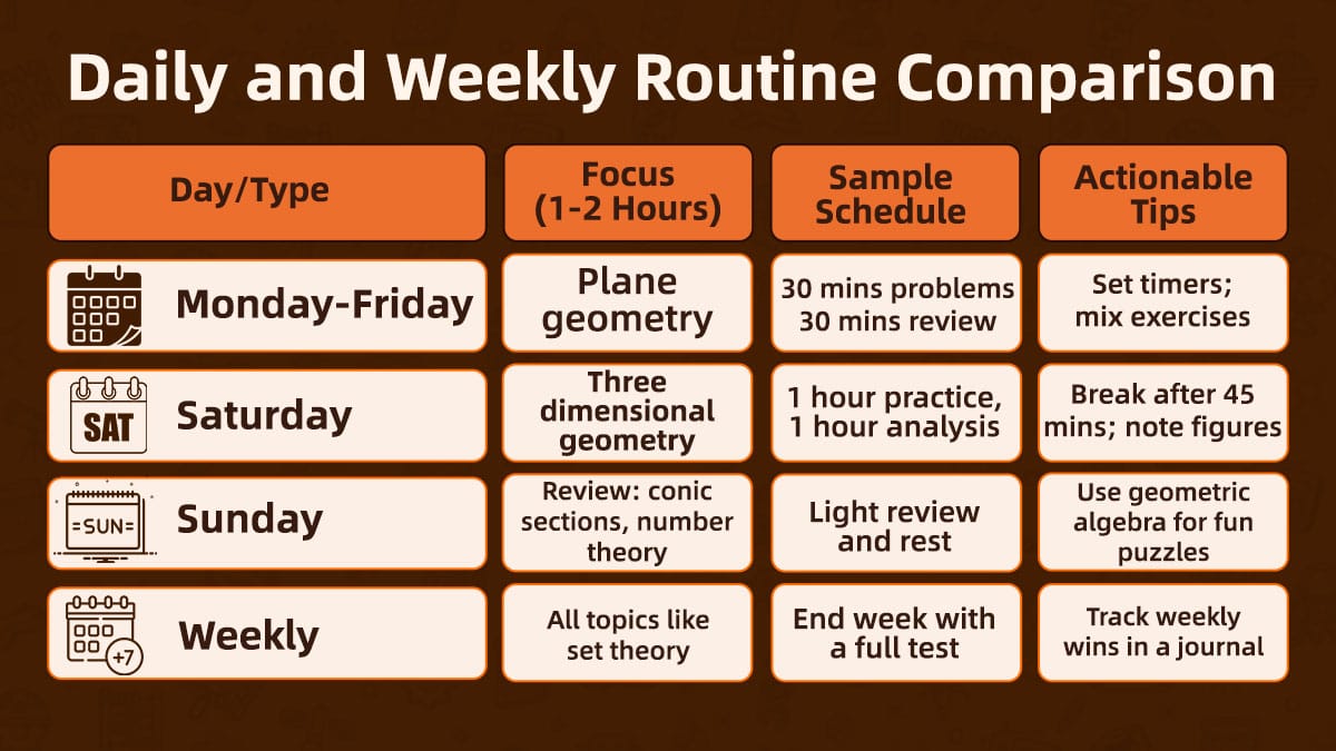 Weekly study schedule comparison table showing daily focus areas, schedules and actionable tips.