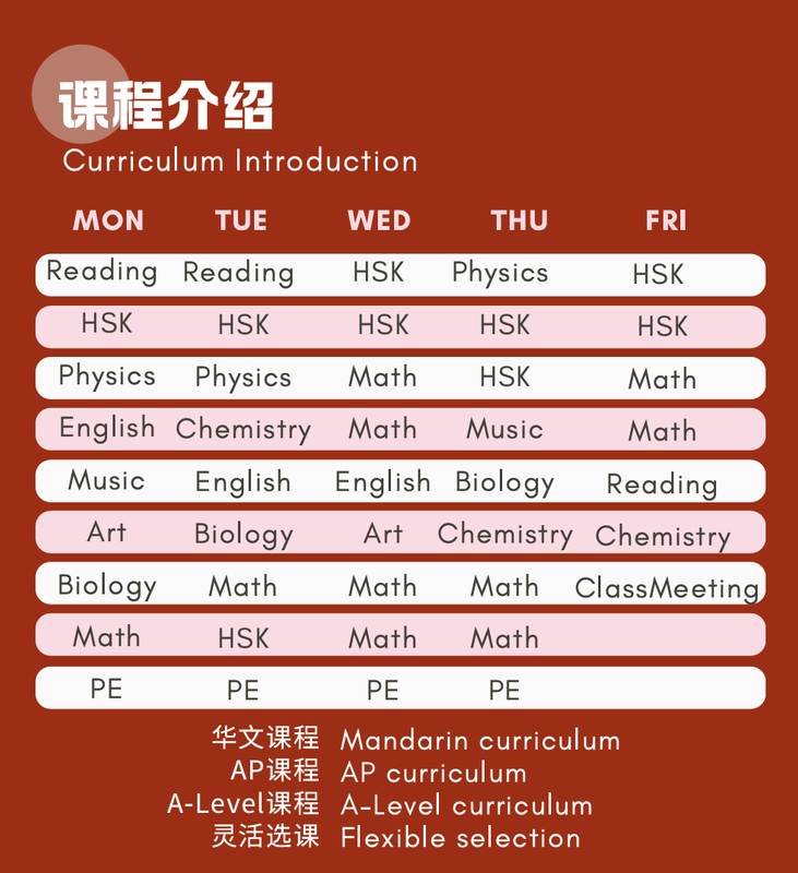 Educational timetable displaying Monday through Friday course schedule with multilingual subject offerings available.