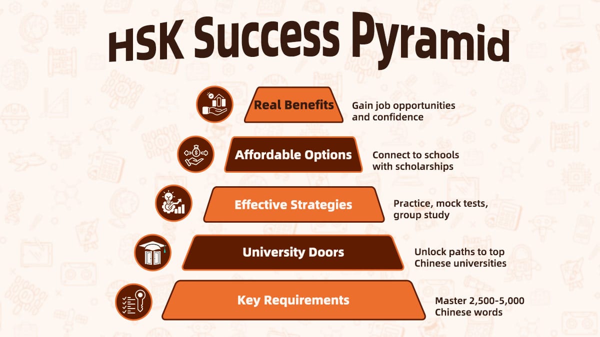 HSK Success Pyramid infographic showing five levels from key requirements to real benefits.
