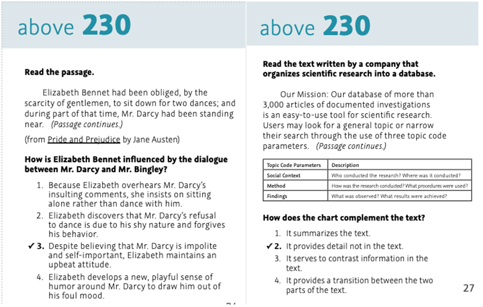     Reading comprehension exercise displaying literary passage and informational text about research database with answer choices.