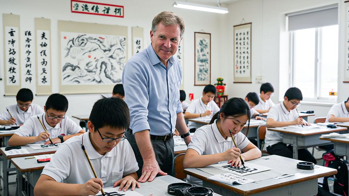 Foreign educator assisting Asian students with brush painting in classroom decorated with Chinese calligraphy.