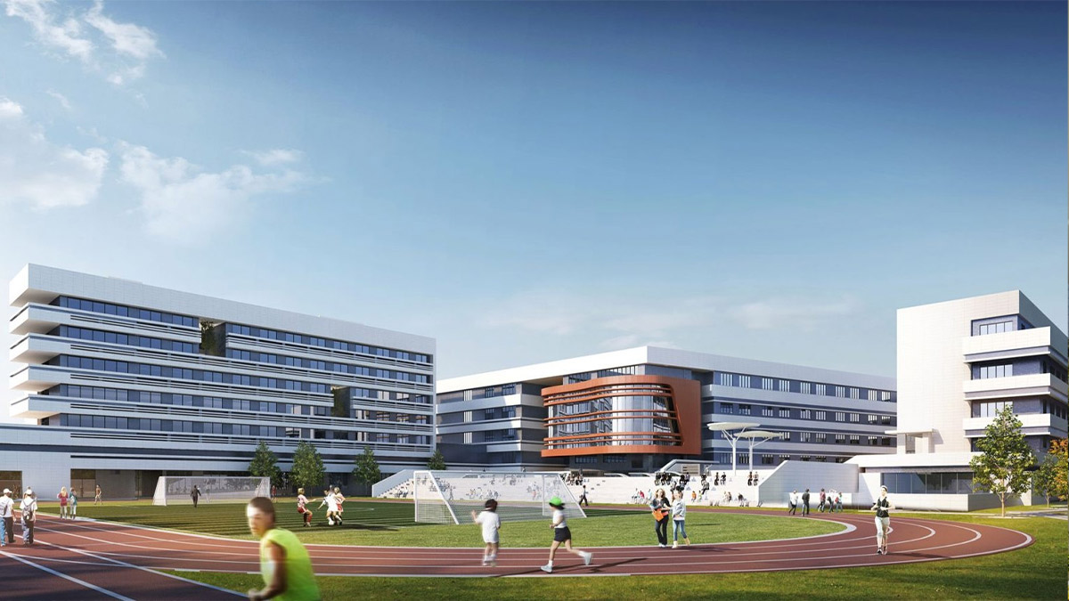 Achieve Xiamen International School AXIS modern campus rendering with running track sports field and contemporary architecture