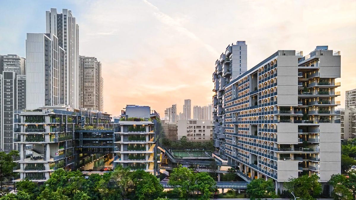 Shenzhen College of International Education contemporary campus with elevated walkways at sunset