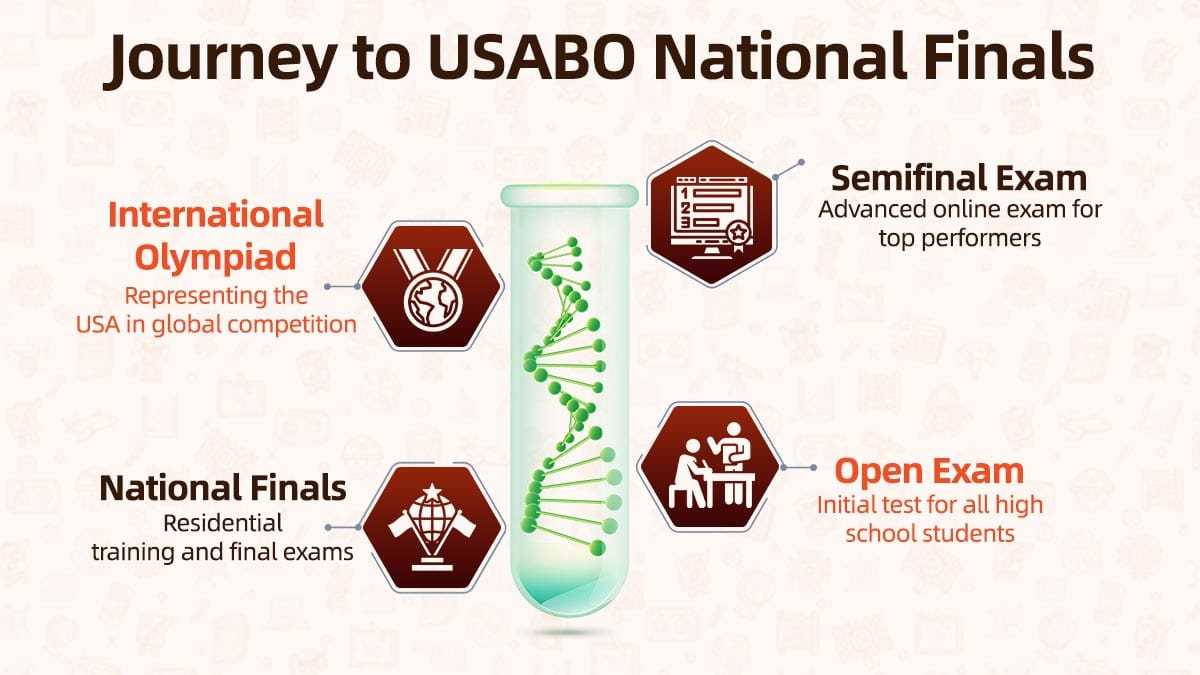 Journey to USABO National Finals infographic showing progression from open exam through semifinals to International Biology Olympiad.