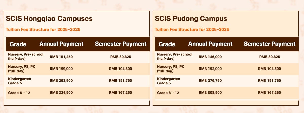 SCIS Shanghai China tuition fee structure for Hongqiao and Pudong campuses 2025-2026