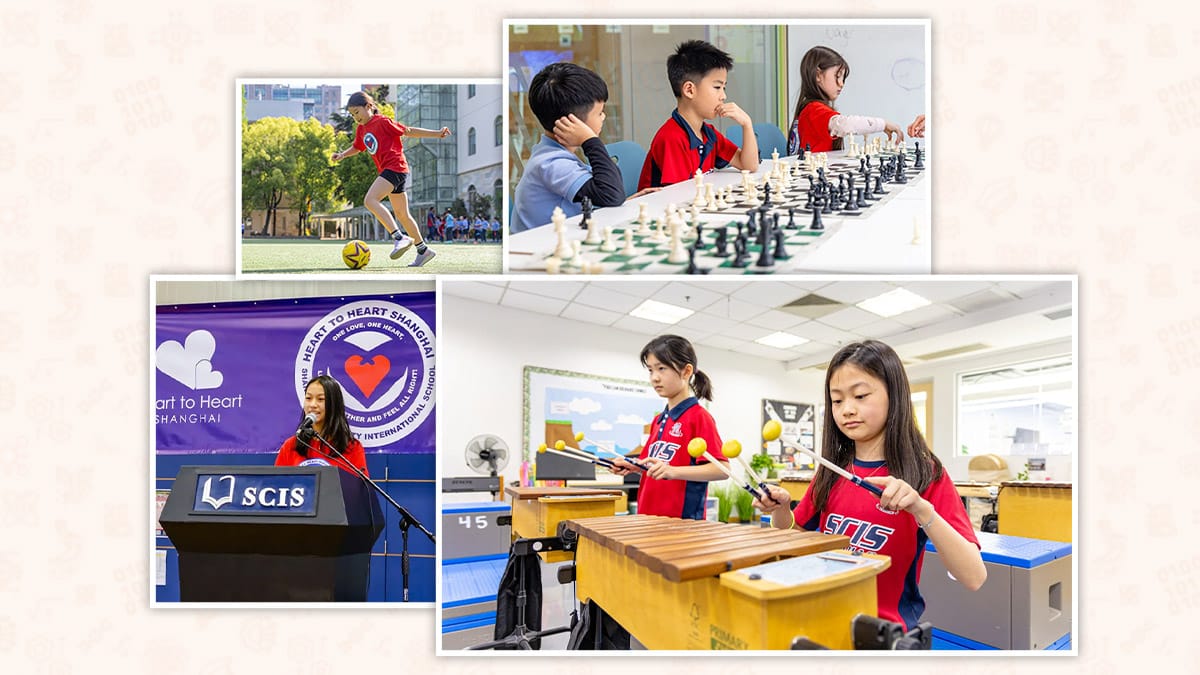 SCIS Shanghai China students playing soccer, chess, music, and presenting at school events